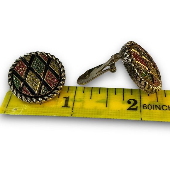 Vintage Sarah Coventry Mosiac Round Diamond Pattern Clip On Earrings Marked Sara - Picture 6 of 7
